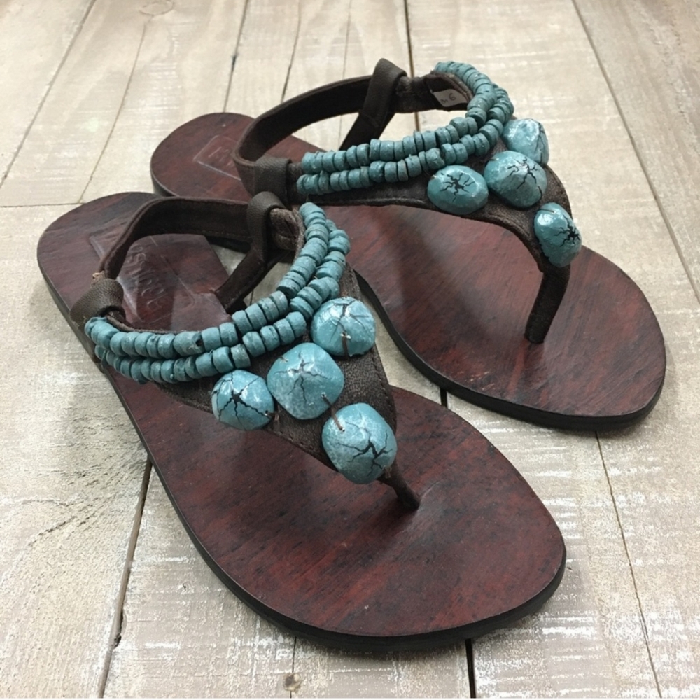 Mystique Boho Turquoise Leather Thong Sandlas NIB - Picture 3 of 13